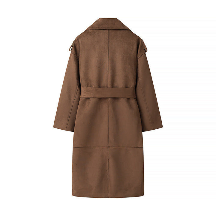 Dam lång oversize Velour läder trenchcoat med knytband och Shoulder Straps