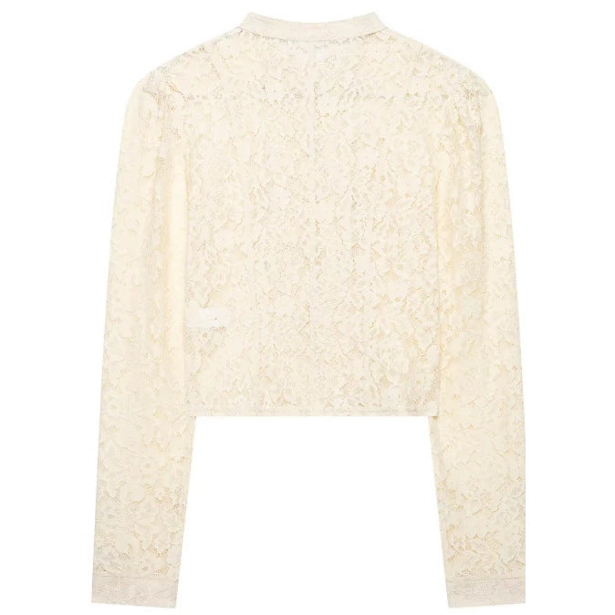 Dam Kort Lace Jacka i Military Look med Stå Krage och Dekorativ Knapp Knäppning