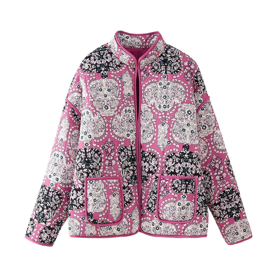 Dam 600+ Quiltad Embroidered Waist Belt Jacka med Blommig Mönster och Stå Krage