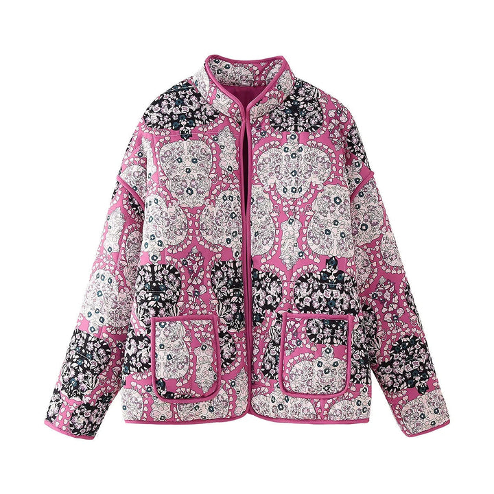 Dam 600+ Quiltad Embroidered Waist Belt Jacka med Blommig Mönster och Stå Krage
