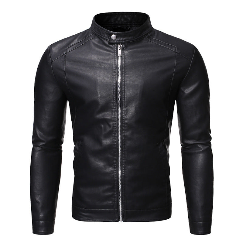 Herr Smal Passform Läder Look Blouson i Racer Minimal Stil med Snap Knapp Ståkrage