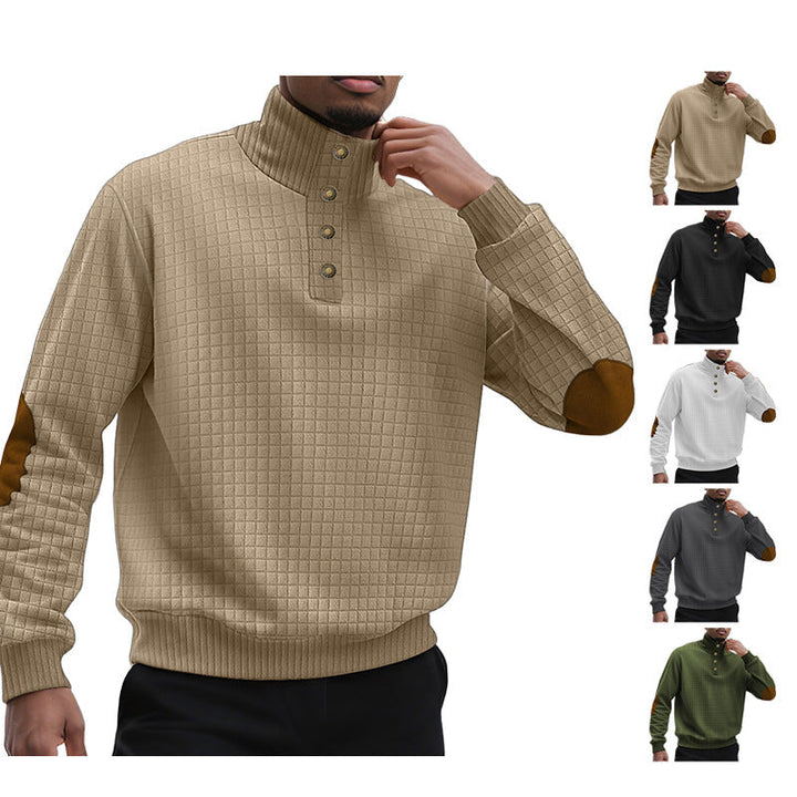 Herr Plaid Quiltad College-Tröja med Henley Slå, Hög Ståkrage, och Velour Elbow Lappar