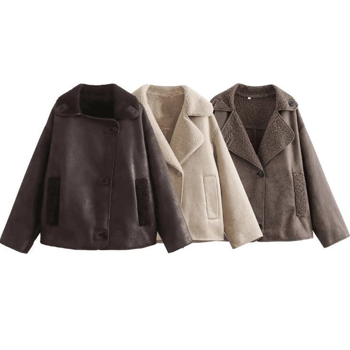 Dam 100+ Kort Lambskin-Look Pilot Jacka med Teddy Foder och Double-Breasted Knapp Knäppning