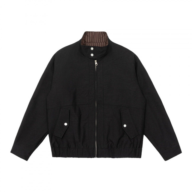 Herr boxig Dragkedja Blouson tillverkad av mottled stickad tyg med randig krage foder och elastisk fåll