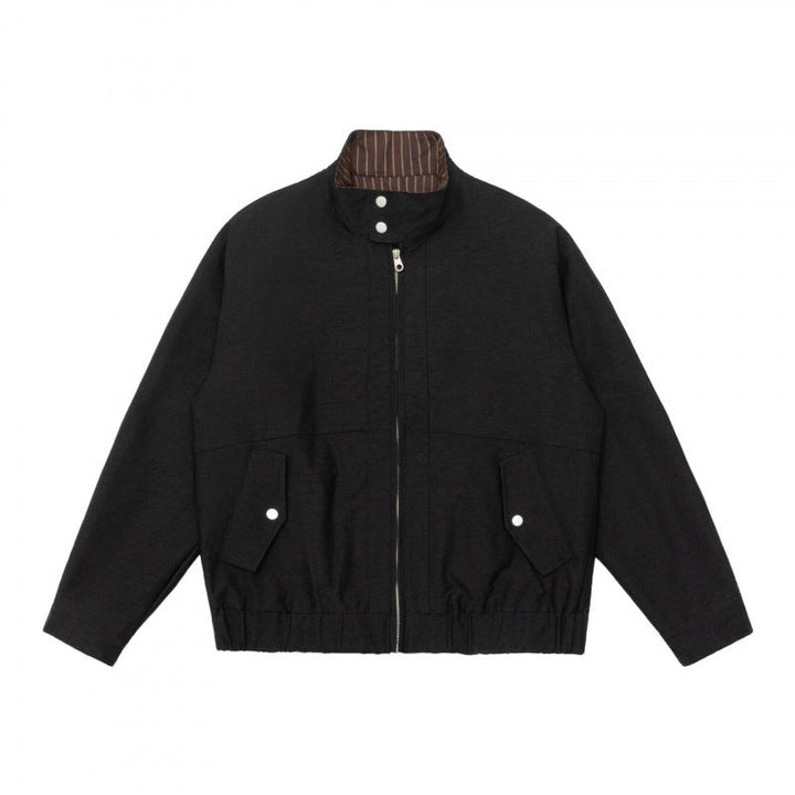 Herr boxig Dragkedja Blouson tillverkad av mottled stickad tyg med randig krage foder och elastisk fåll