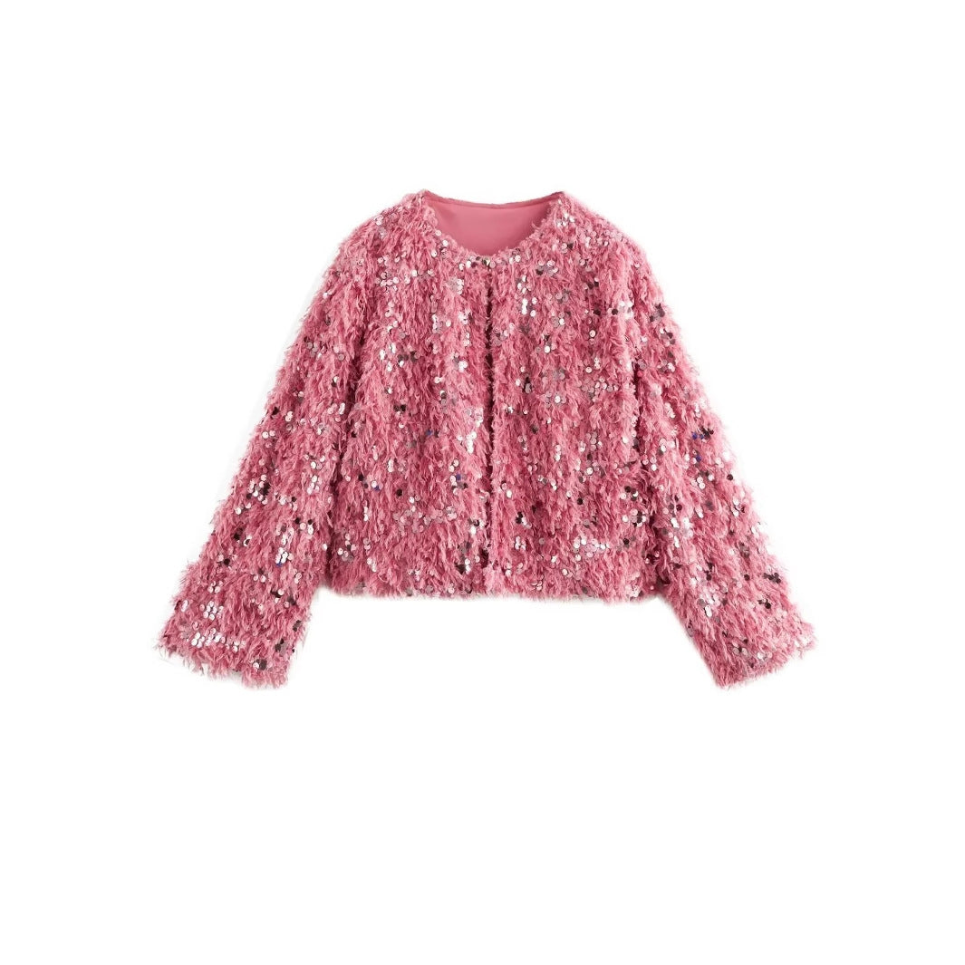 Dam Kort Jacka Gjord av Fluffy Konstpäls med Sequin Kant