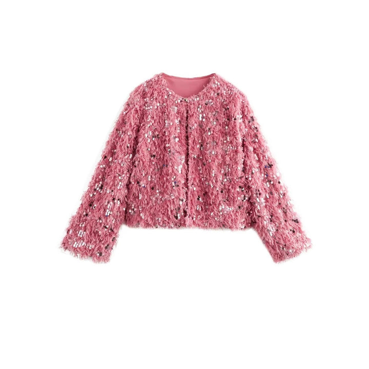Dam Kort Jacka Gjord av Fluffy Konstpäls med Sequin Kant