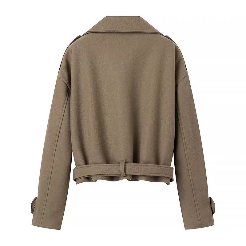 Dam kort ullblandning trenchcoat med bälte, Epaulettes och vid Lapels
