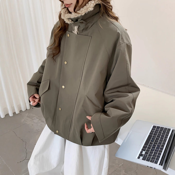 Dam oversize Utility jacka med hög teddy krage och Snap knappslå