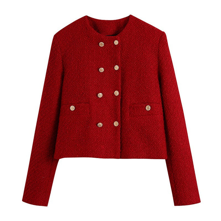 Dam kort jacka gjord bouclé tweed in a kort skärning med a round neckline och golden dekorativ knappar