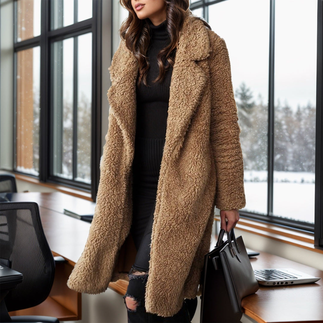 Dam lång teddy kappa gjord Faux Fur med oversize skärning och Shawl krage