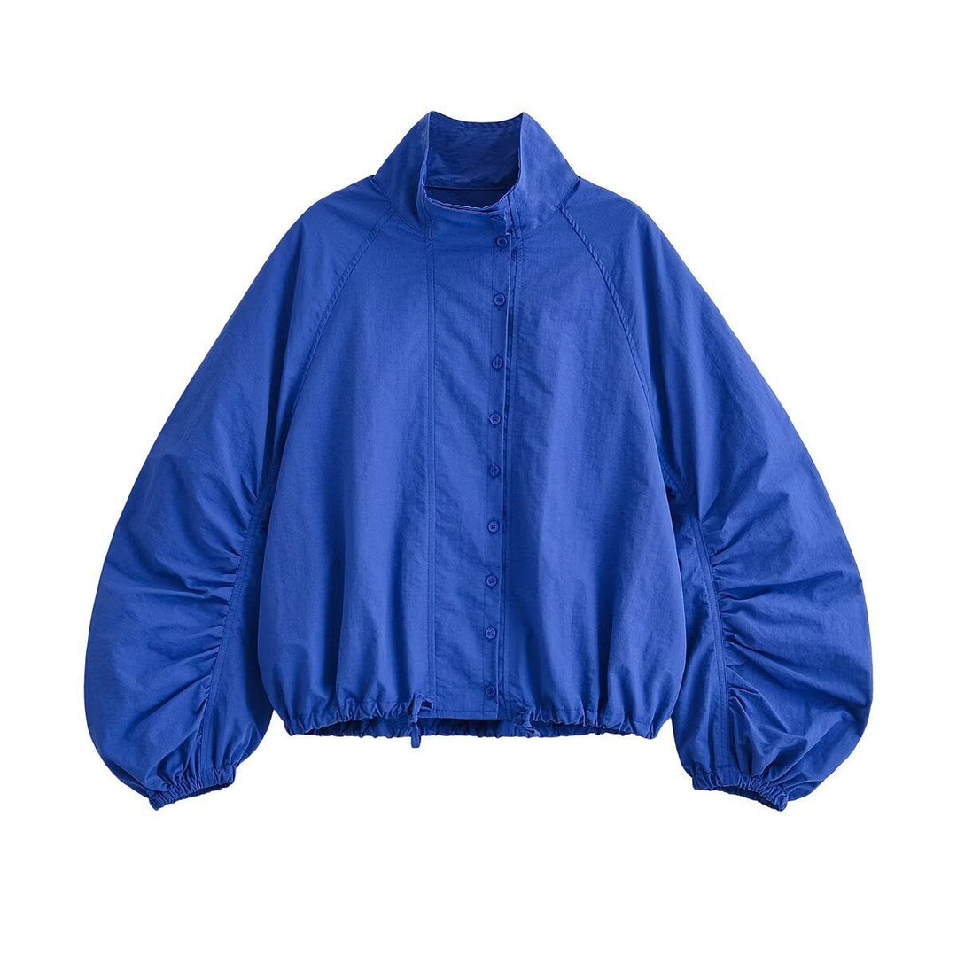Dam Kort Blouson Jacka med Stå Krage, Voluminous Balloon Ärmar och Drawstring Nederkant