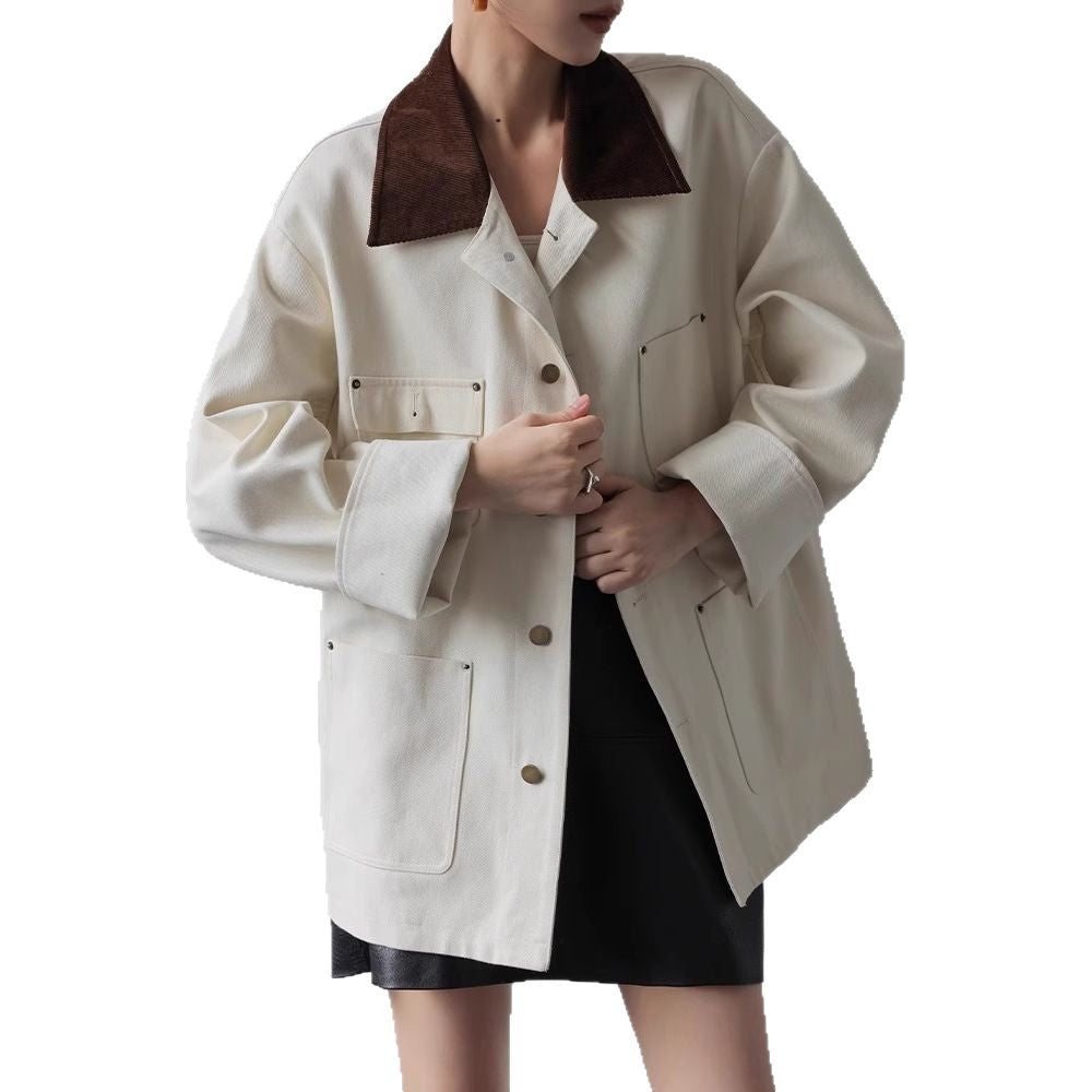 Dam oversize Cab jacka gjord structured bomull blend med kontrasterande cord krage och utanpåfickor