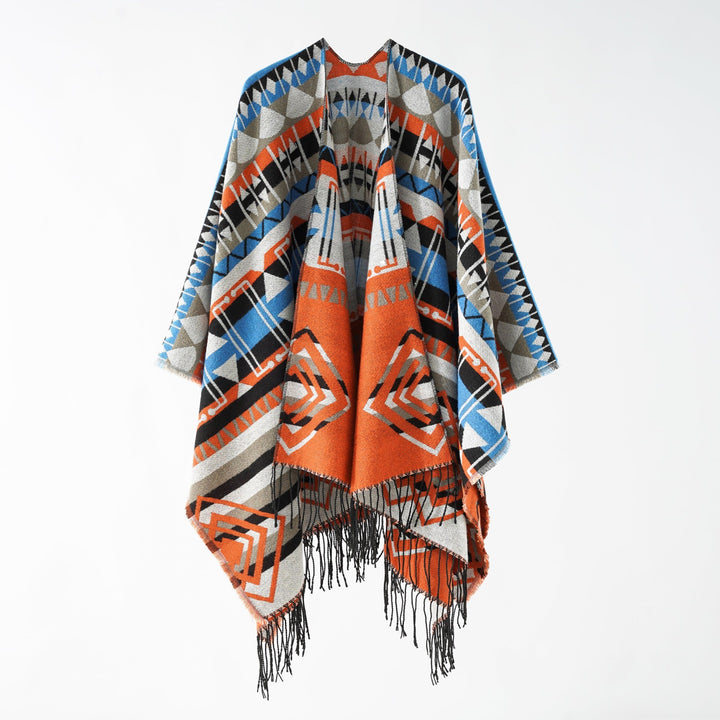 Dam Woven Fringe poncho med Ethno-Jacquard och oversized Drop