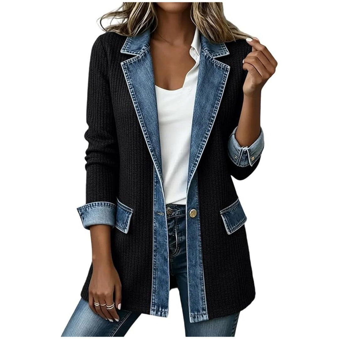 Dam knit blazer med denim trim och skräddad skärning