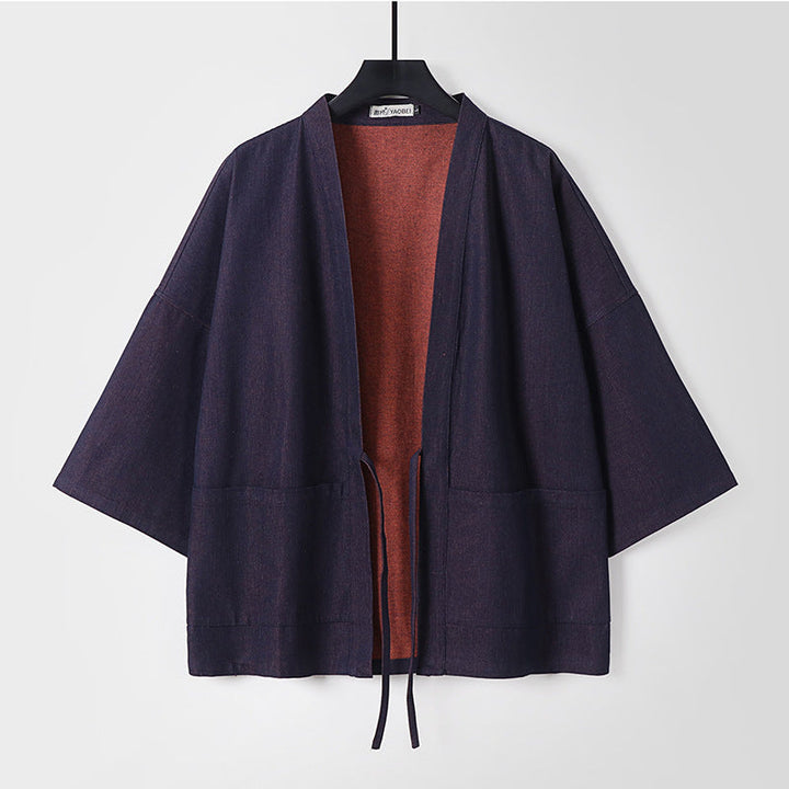 Unisex lätt denim Kimono jacka med kontrast foder och knytband