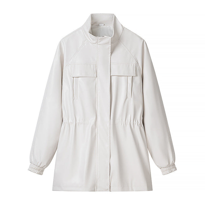 Dam konstläder parka med dragsko midja, ståkrage, och flap fickor