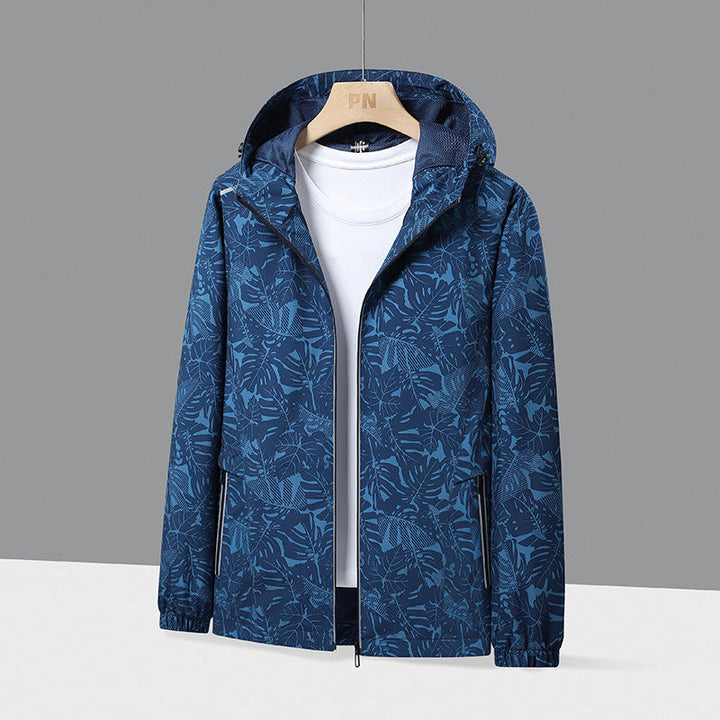 Herr lätt med huva Windbreaker med Botanical Heltäckande Tryck och elastiska muddar