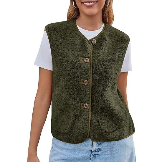 Dam teddy fleece väst med round neck och knapp stängning