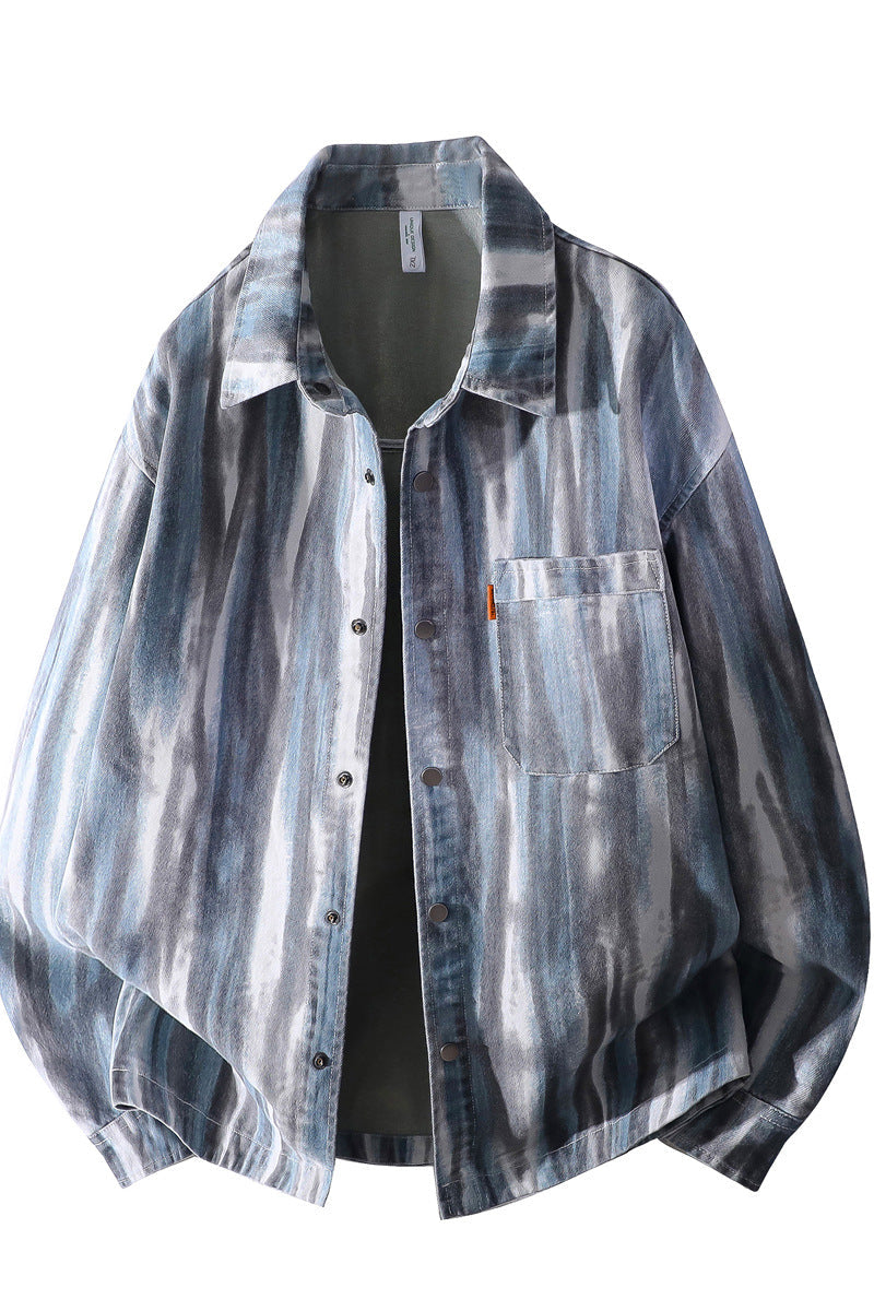 Herr Oversized Skjortjacka i Watercolor Rand Look med Breast Ficka &amp; Mjuk Bomullsblandning