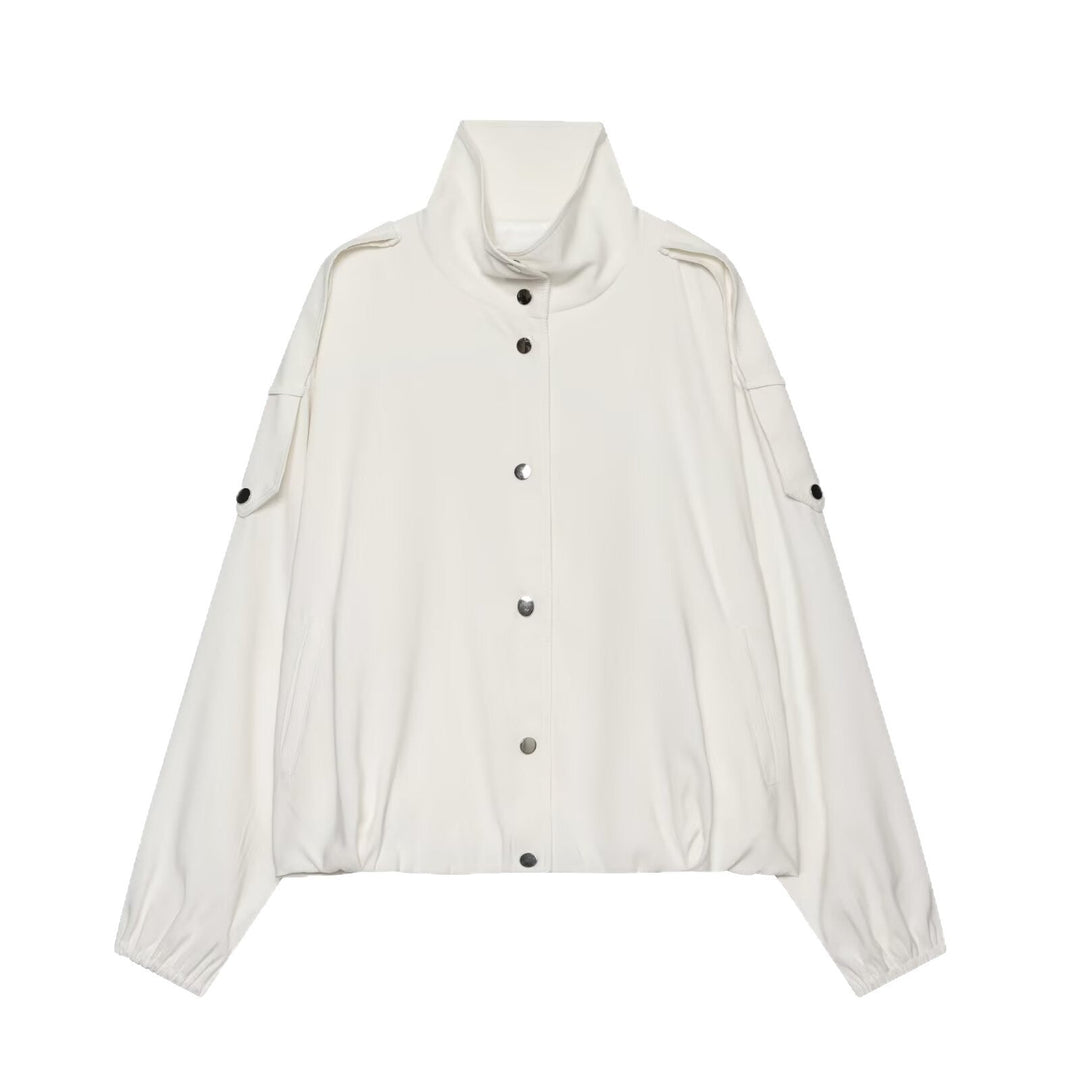 Dam Kort Boxig Canvas Jacka med Funnel Neck, Tryckknapp Knapp Stängning, och Shoulder Patches