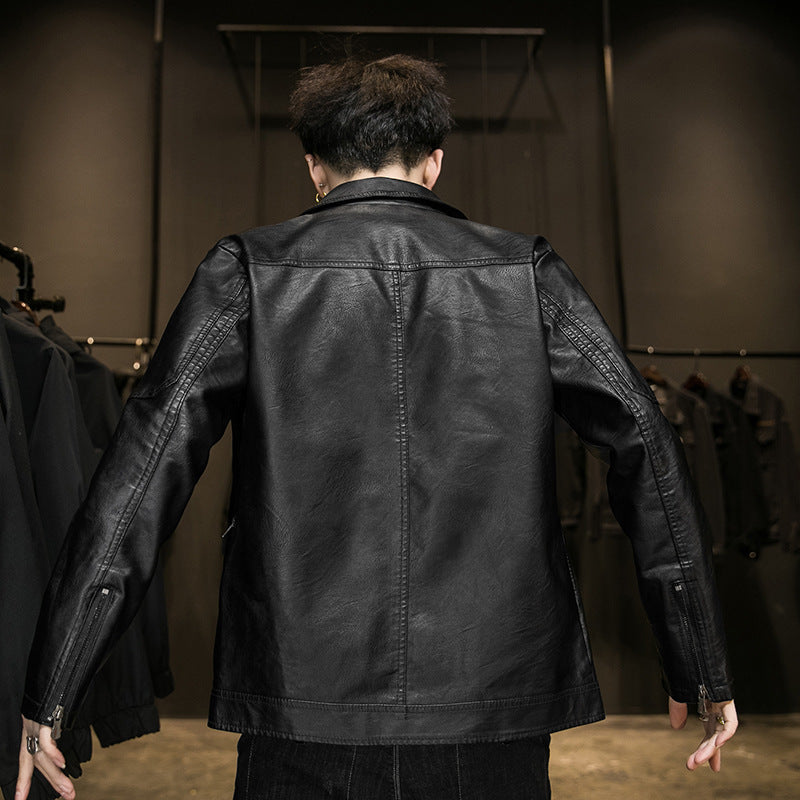 Herr Minimalistic Läder Effect Zip Blouson med Ergonomic Söm Lines och Skjorta Krage