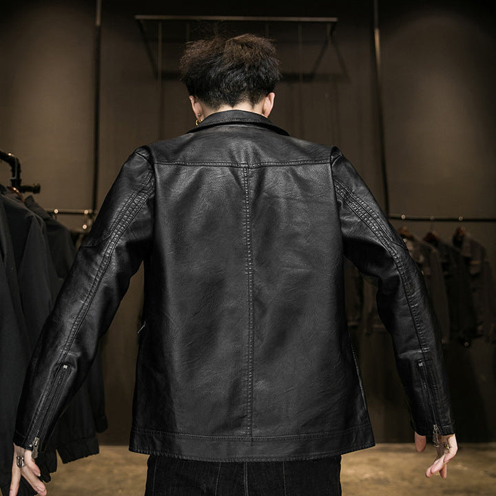 Herr Minimalistic Läder Effect Zip Blouson med Ergonomic Söm Lines och Skjorta Krage