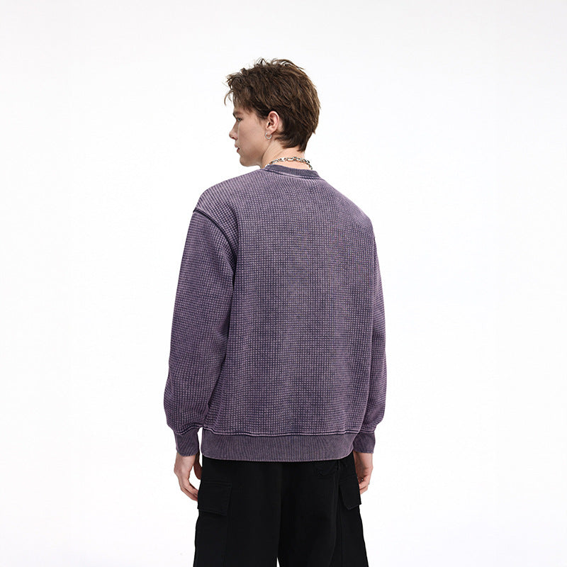 Herr Oversized Waffle Structure College-Tröja med Crew Neck och Ribbstickade Muddar