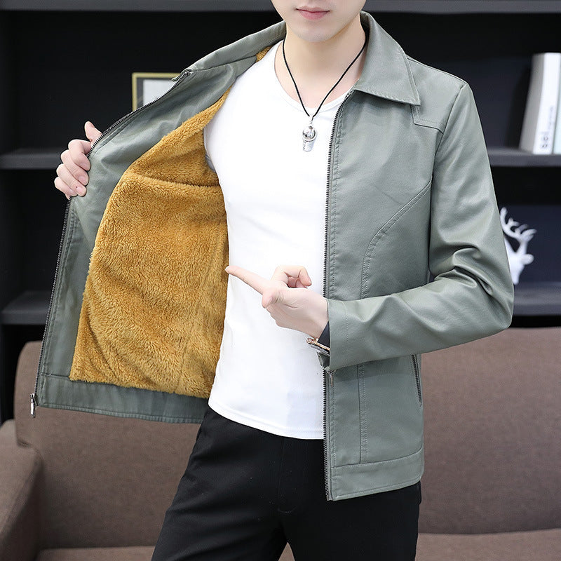 Herr Leather-Look Zip Jacka med Warming Teddyfoder och Minimal Söm Design