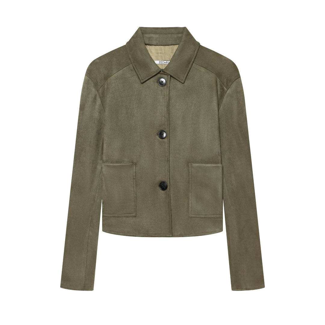 Dam Tailored Kort Blouson Tillverkad av Suede Imitation med Skjort Krage och Patch Fickor