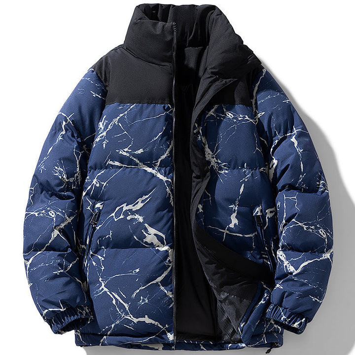Herr vadderad quiltad jacka med marble tryck, hög ståkrage och vindtät exterior