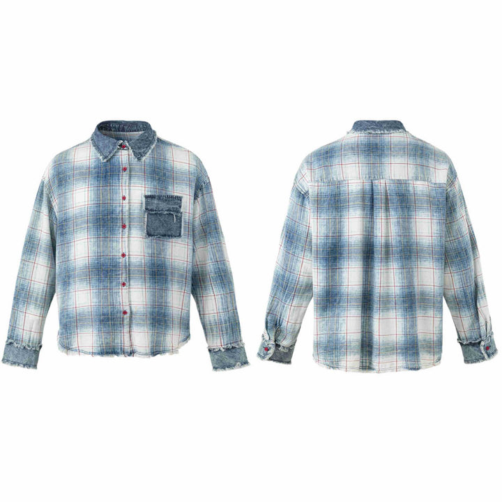 Dam Oversized Rutig Skjorta Jacka med Denim Applications och Frayed Edges