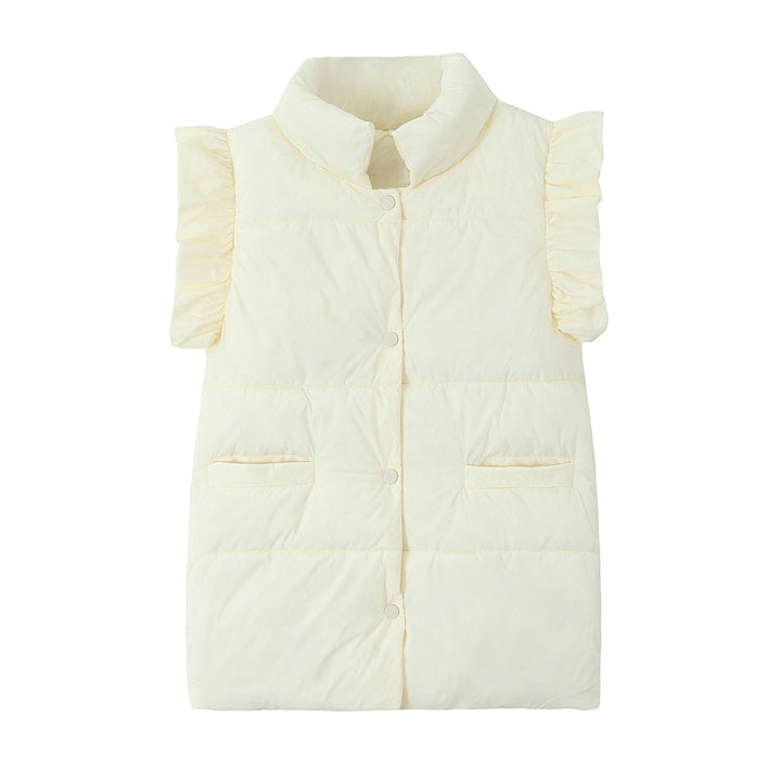 Dam sleeveless quiltad väst med ruffled ärmar, ståkrage, och concealed snap knappar