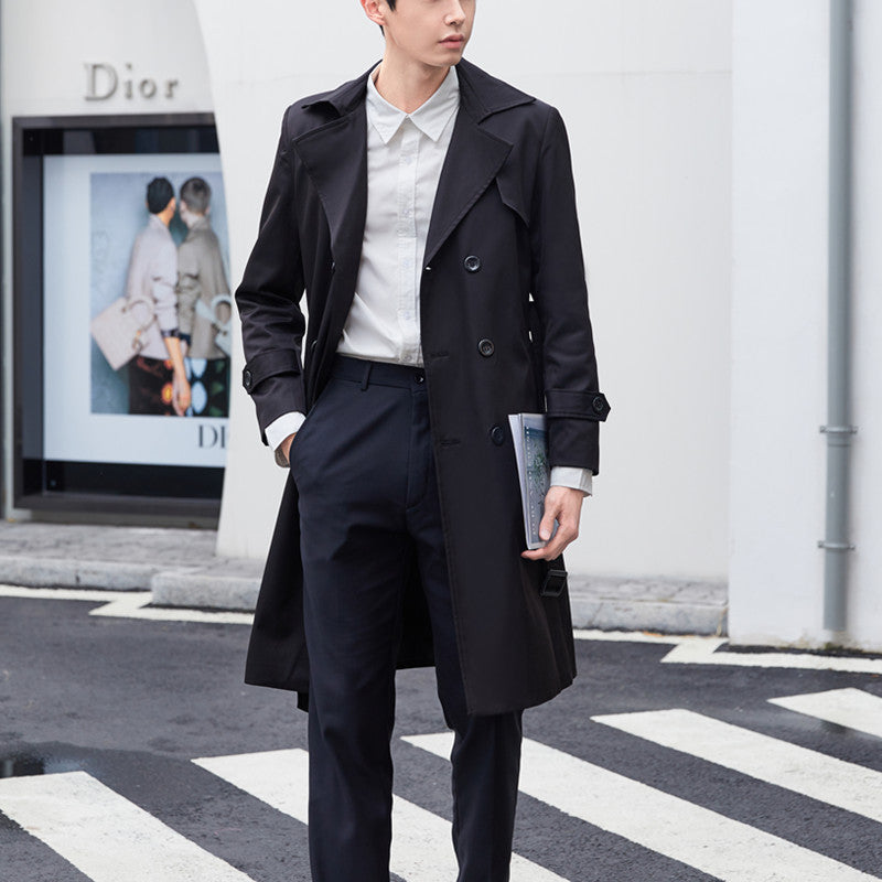 Herr Elegant Figurnära Trench Kappa med Dubbel Knapp Slå och Tie Bälte