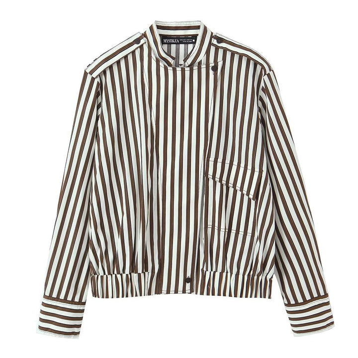 Dam Randig Oversize Övergångsjacka med Stå Krage och Patch Breast Ficka