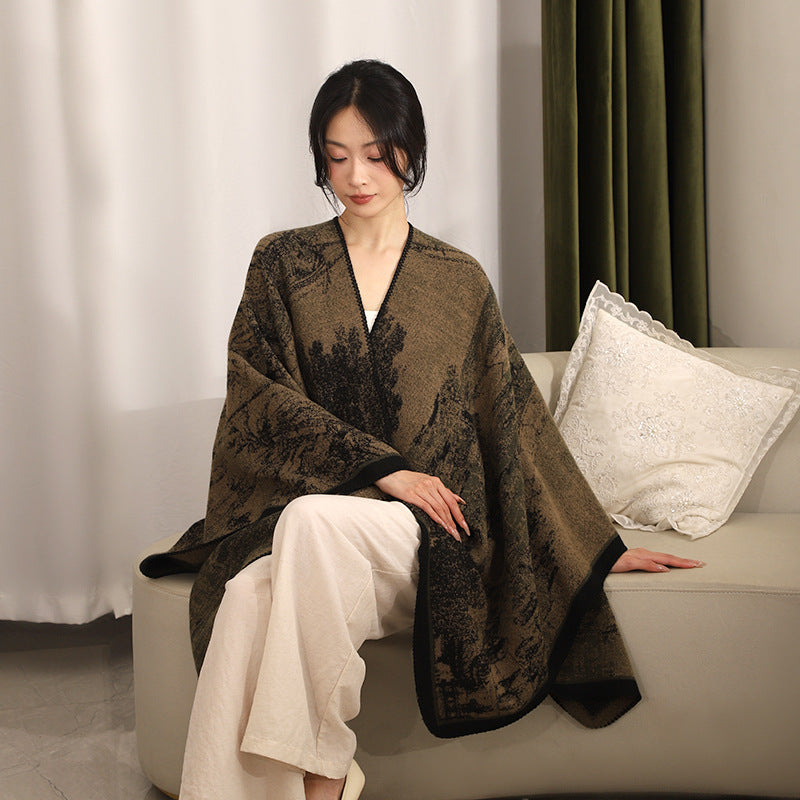 Dam Woven Cape Overlay med Jacquard Structure och kontrast Edging