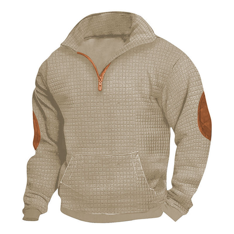 Herr Thermo-Regulating Waffle Stickad Halv Dragkedja Pullover med Känguruficka och Konstläder Elbow Lappar