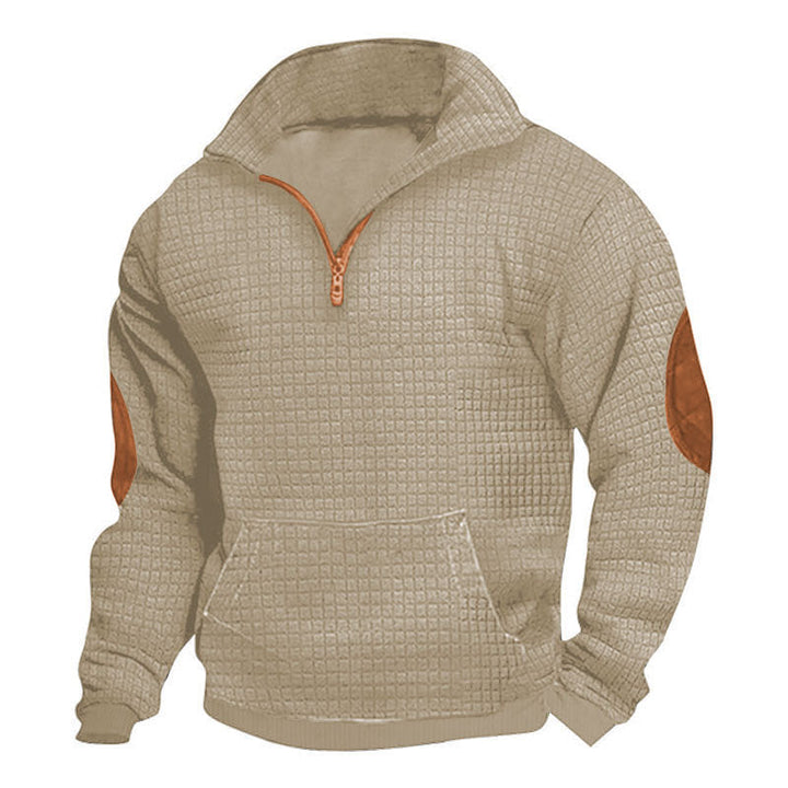 Herr Thermo-Regulating Waffle Stickad Halv Dragkedja Pullover med Känguruficka och Konstläder Elbow Lappar