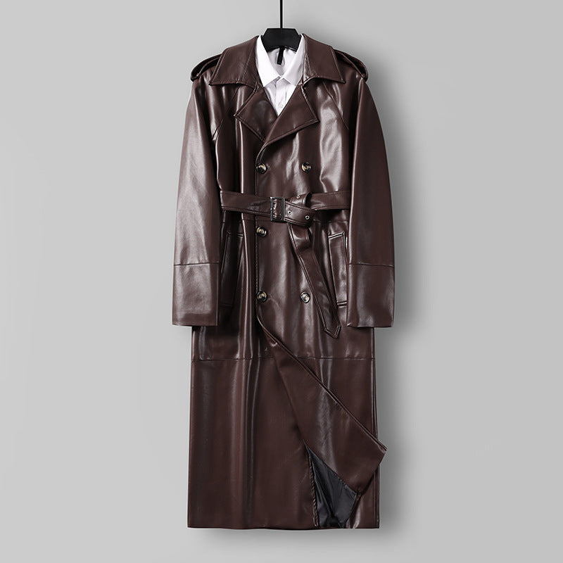 Herr Lång Läderimitation Trench Kappa med Dubbel Breasted, Belted Midja och Axelklaffar