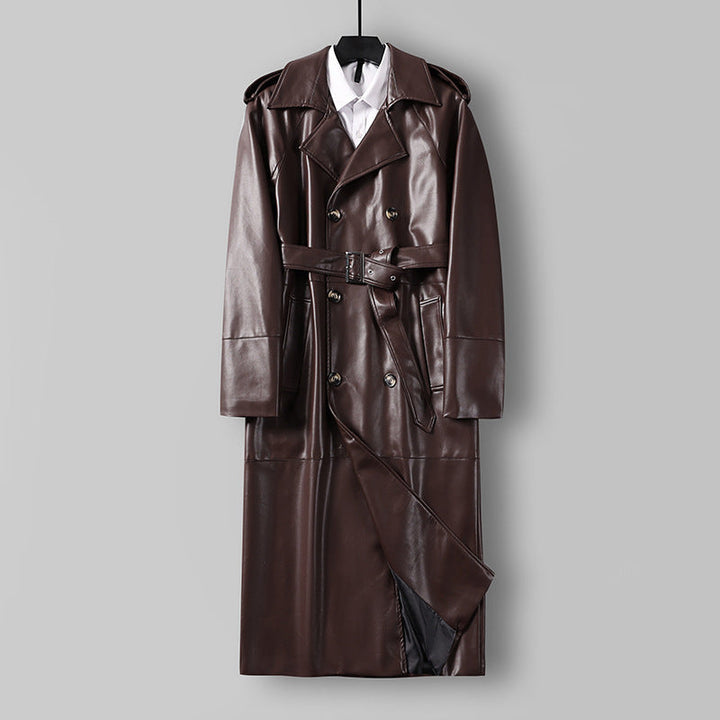 Herr Lång Läderimitation Trench Kappa med Dubbel Breasted, Belted Midja och Axelklaffar