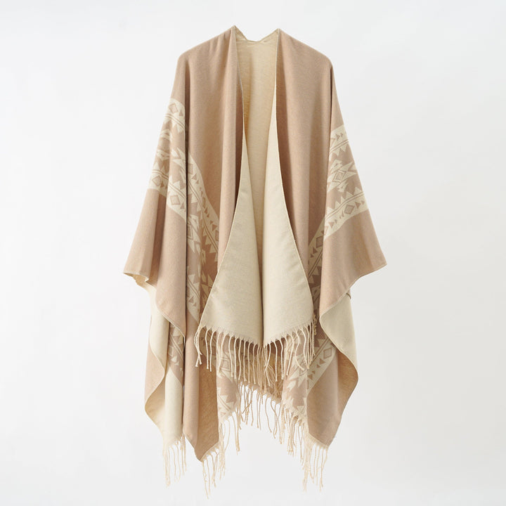 Dam Cashmere-look Wrap poncho med Geometric Border Jacquard och Fringe kant