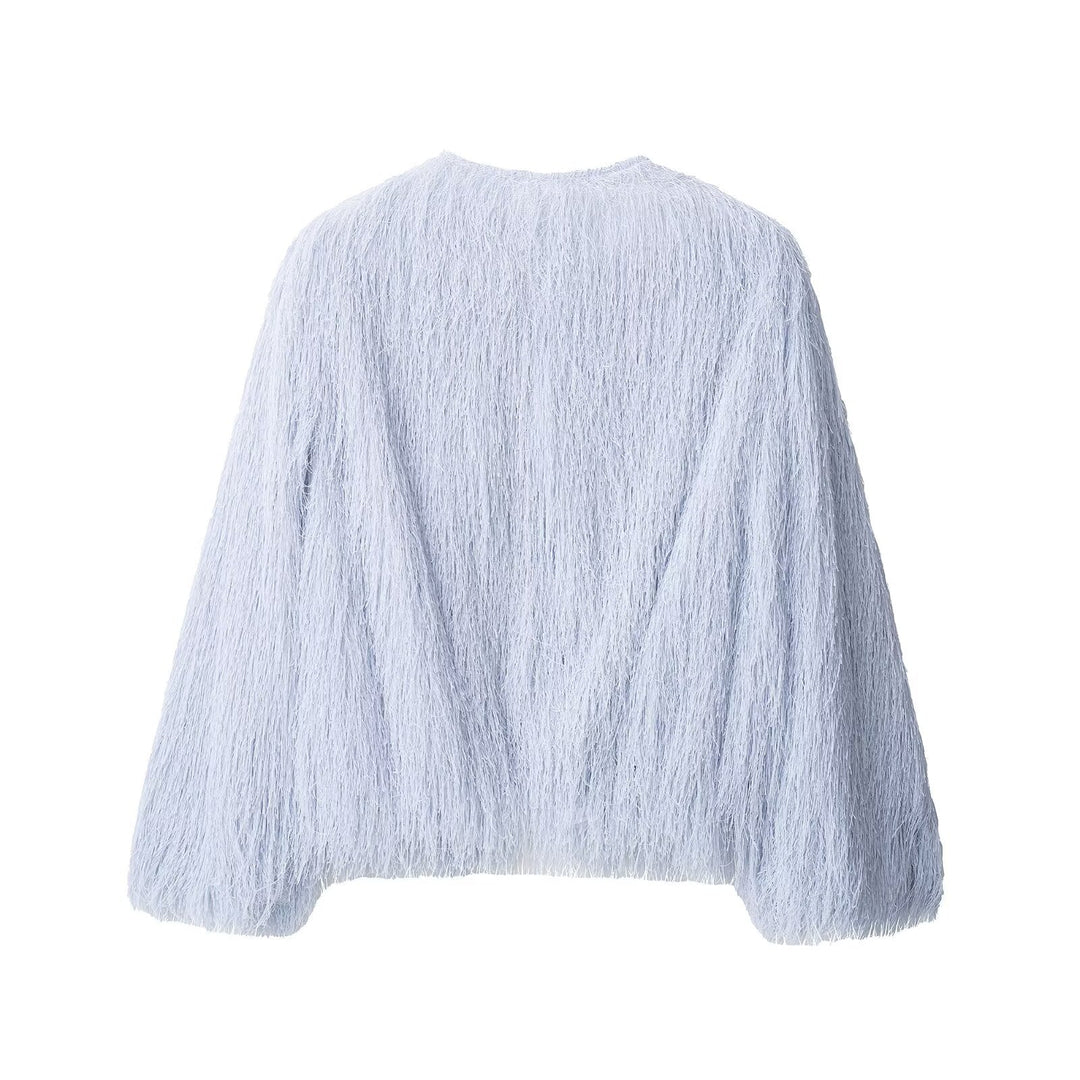 Dam Fluffy Fringe Jacka med Round Neckline och Boxig Skärning