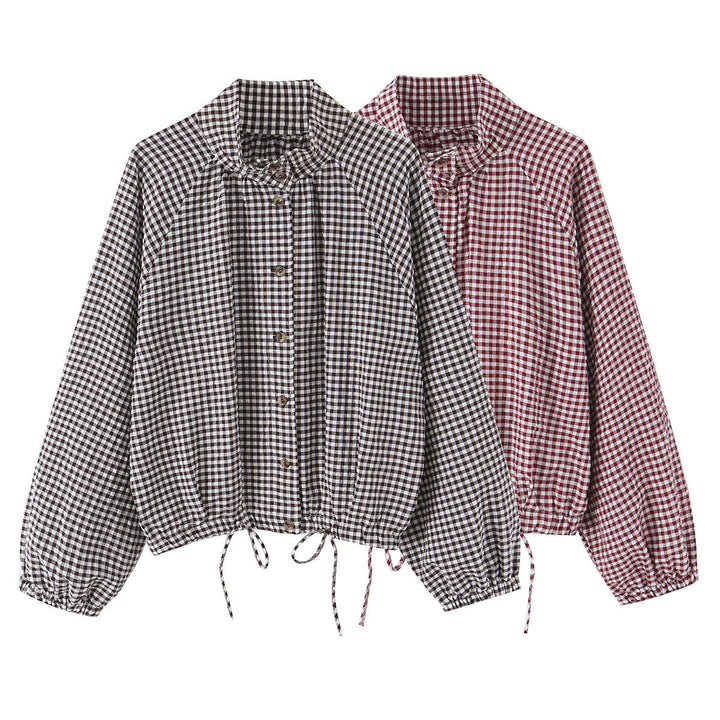 Dam Rutig Gingham Blouson med Drawstring Nederkant, Raglan Ärmar och Stå Krage