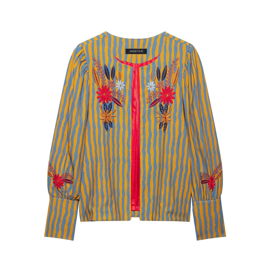 Dam Randig Embroidered Blouson Jacka med Open Front och Peter Pan Krage