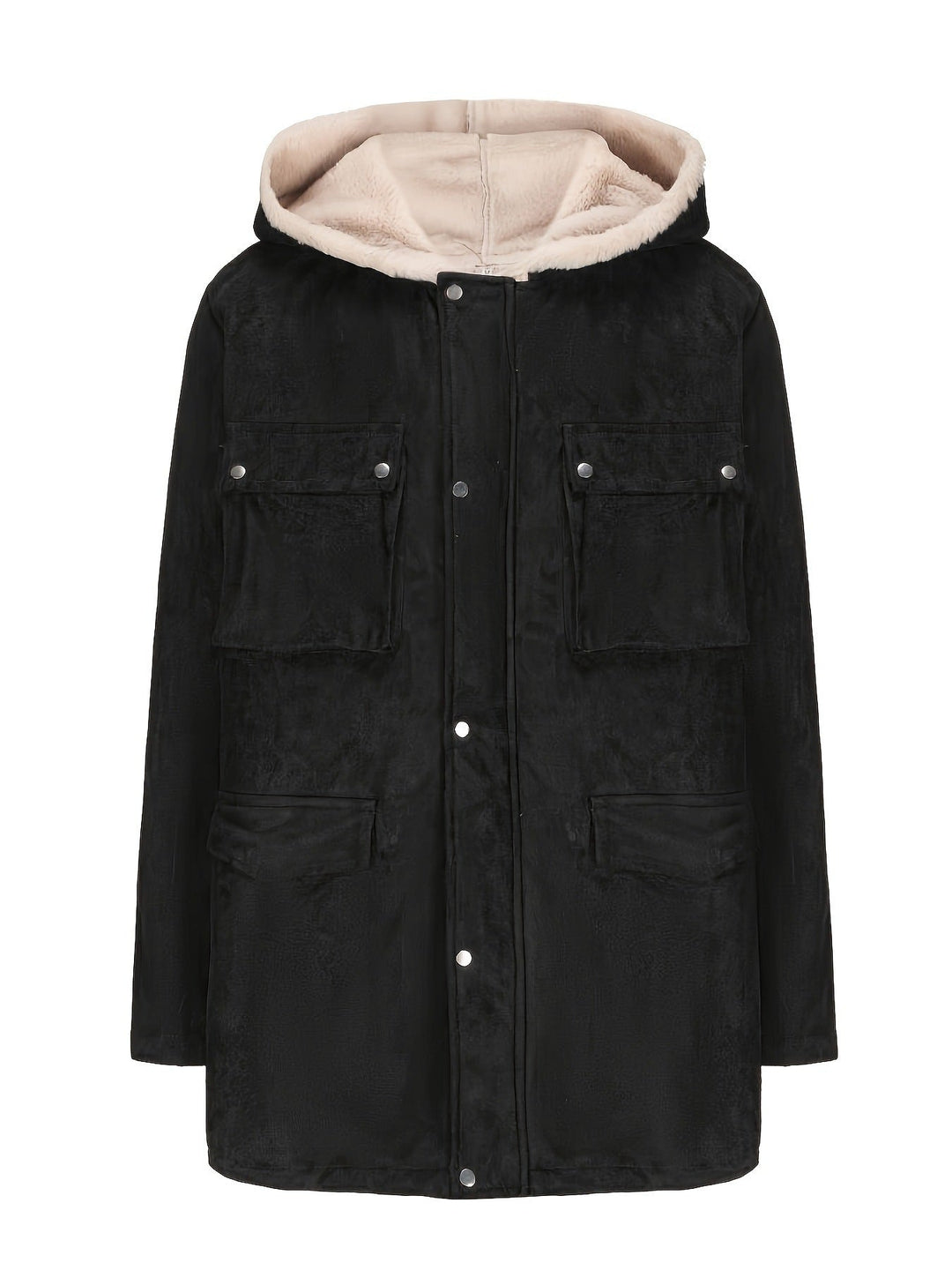 Herr Parka i Fält Stil med Teddyfoder i Huva, Utanpåfickor och Snap Fastening