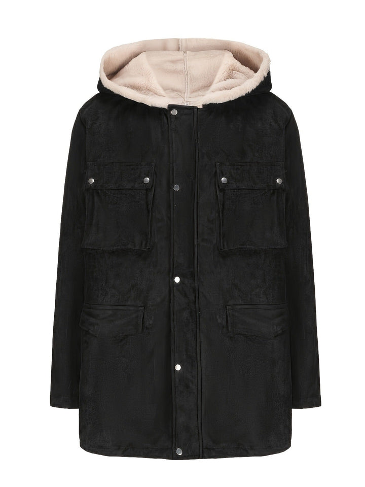 Herr Parka i Fält Stil med Teddyfoder i Huva, Utanpåfickor och Snap Fastening