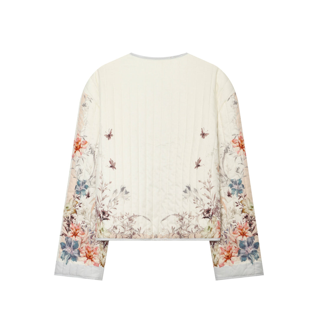 Dam Vadderad Kort Jacka med Blommig Allover Tryck och Round Neckline