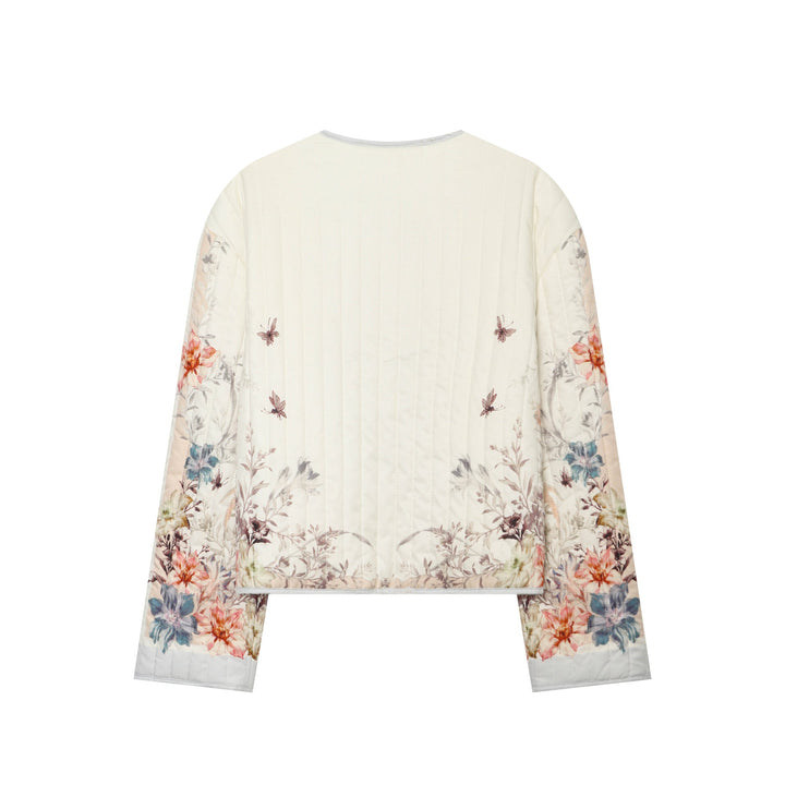 Dam Vadderad Kort Jacka med Blommig Allover Tryck och Round Neckline