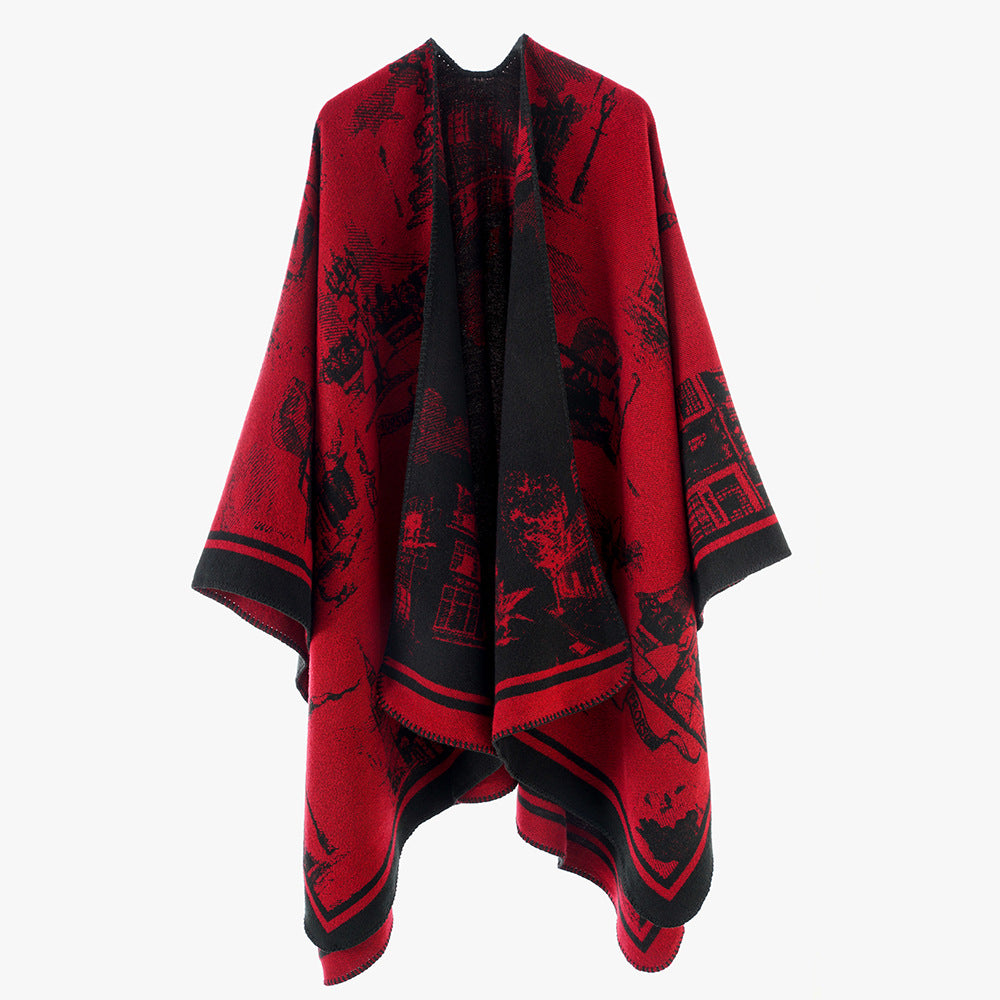 Dam Jacquard capeponcho med iconic city Jacquard och open oversized fall