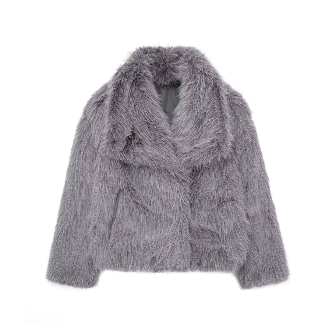 Dam kort Faux Fur jacka med Voluminous Shawl krage